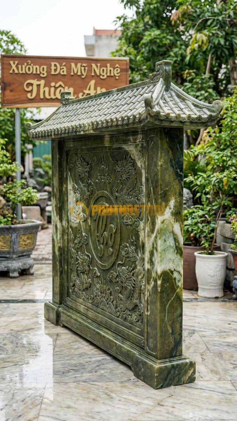Cuốn Thư Đá Serpentine Tam Quan Mái Che L320: Có Phần Mái Ngói Che Trên Đỉnh Cuốn Thư. (L320 x H217 Cm).