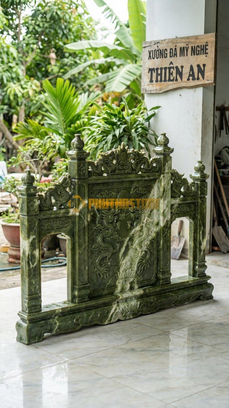 Cuốn Thư Đá Serpentine Tam Quan Rồng Chầu L255: Cột Trụ 30Cm, Thân Chạm Lưỡng Long. (L255 x H197 Cm).
