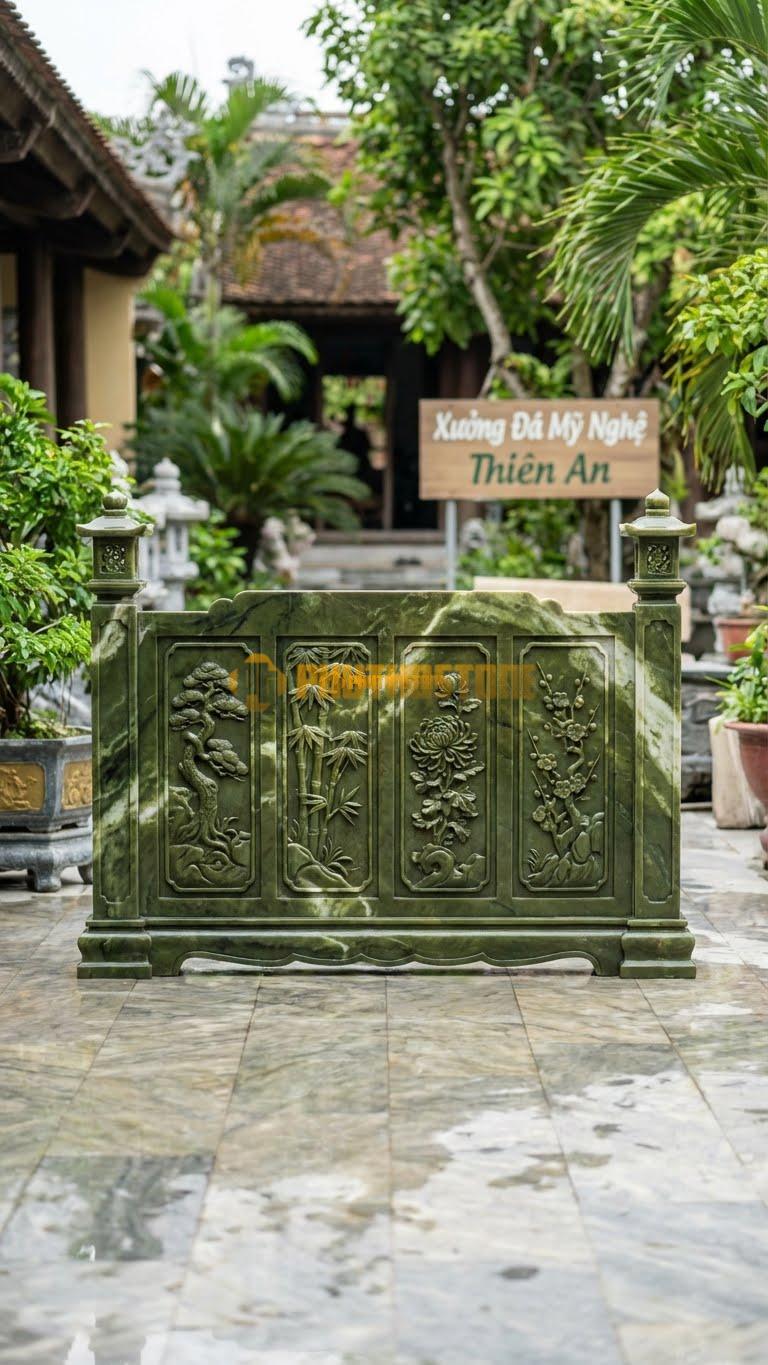 Cuốn Thư Đá Serpentine Tứ Quý Khung Tranh L197: 4 Cảnh Nằm Trong 4 Khung Đục Nổi, Cột Đèn Lồng. (L197 x H155 Cm).