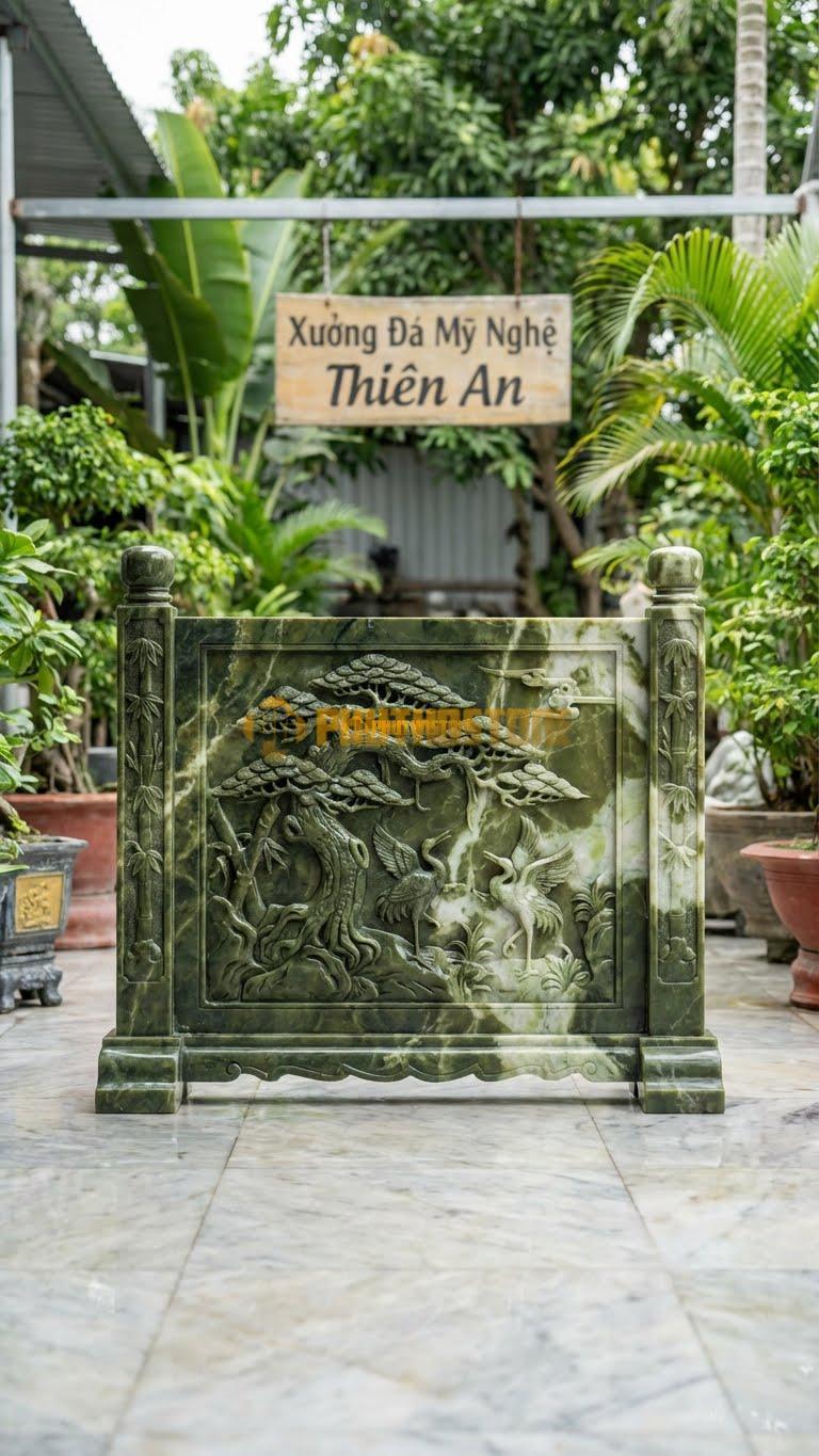 Cuốn Thư Đá Serpentine Tùng Hạc Diên Niên L167: Chạm Cây Tùng Và Chim Hạc, Cột Chạm Trúc. (L167 x H133 Cm).