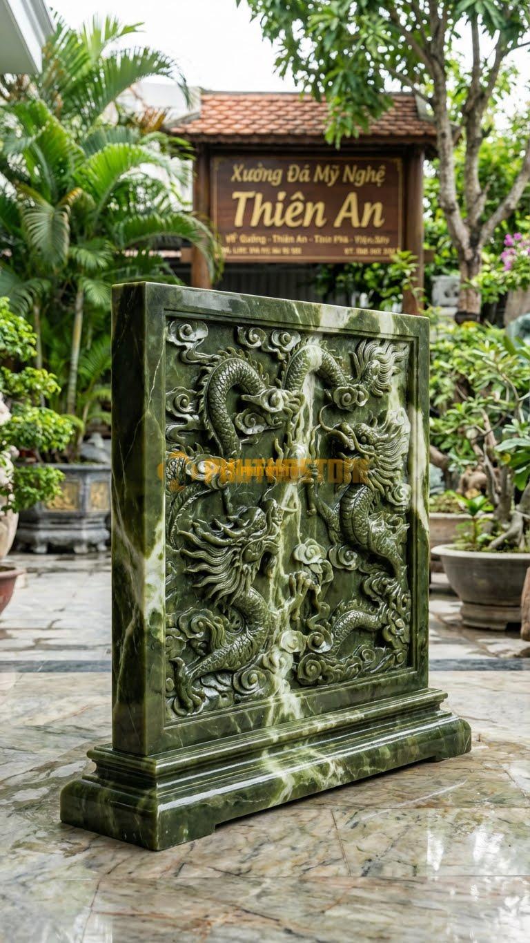 Cuốn Thư Đá Serpentine Xanh Rêu Chạm Kênh Bong L167: Đục Rồng Nổi Cực Sâu Do Đá Dai, Không Vỡ. (L167 x H147 Cm).
