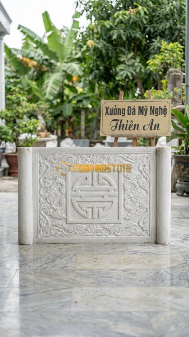 Cuốn Thư Đá Trắng Muối Chữ Thọ Vuông L147: Chữ Thọ Vuông Vức, Viền Gấm. (L147 x H89 Cm).