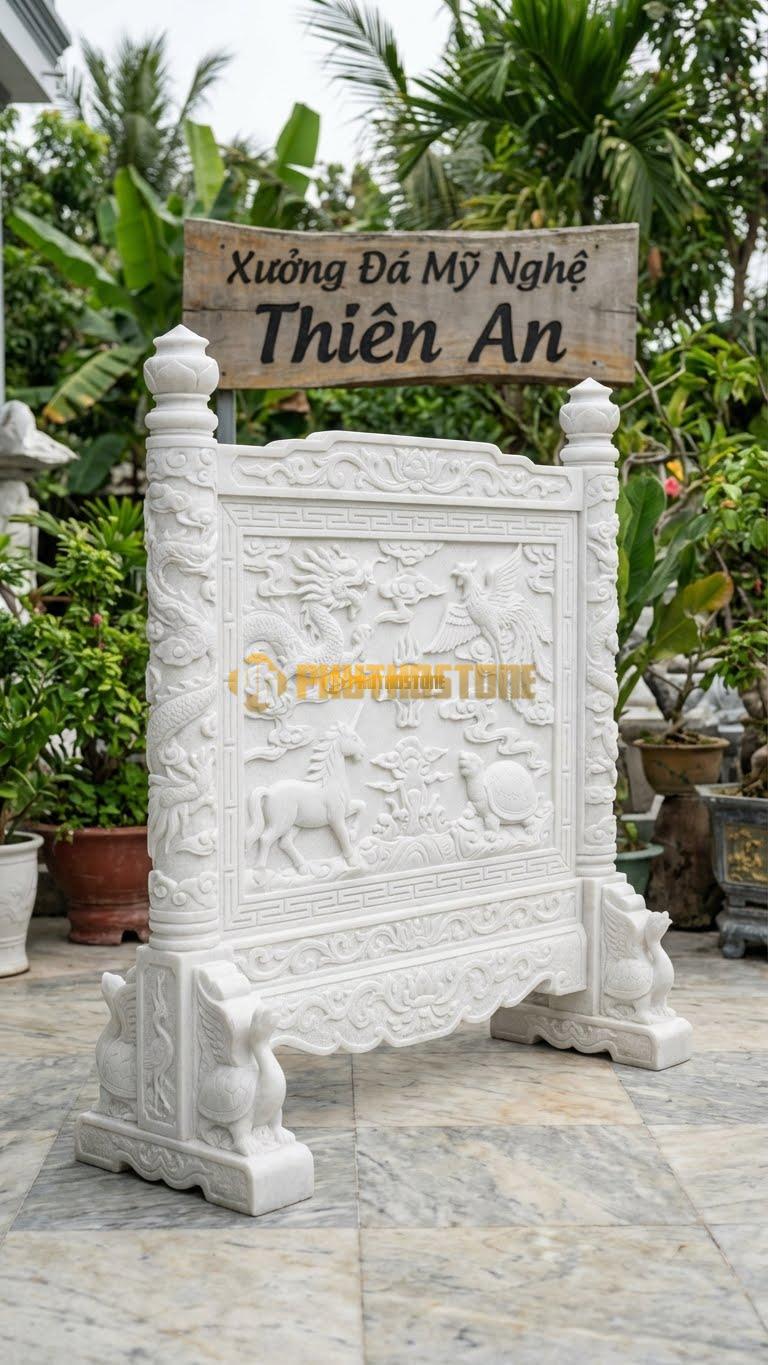 Cuốn Thư Đá Trắng Muối Cột Đèn Chạm Tứ Linh L197: Chân Cột Đèn Chạm Rùa/Hạc, Thân Chạm Rồng. (L197 x H176 Cm).