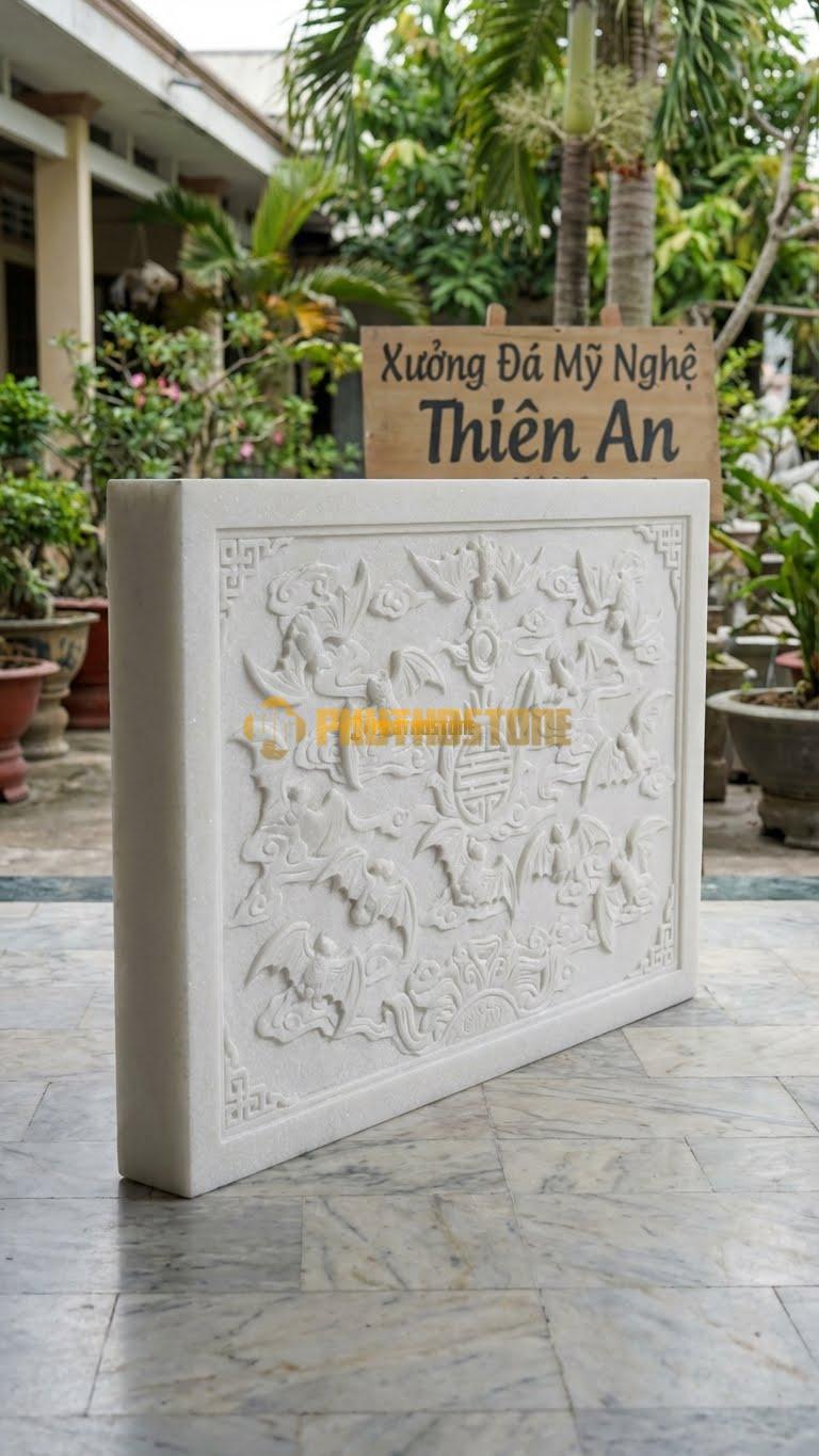 Cuốn Thư Đá Trắng Muối Đàn Dơi L176: Chạm Bầy Dơi Nhiều Con (Bách Phúc). (L176 x H127 Cm).