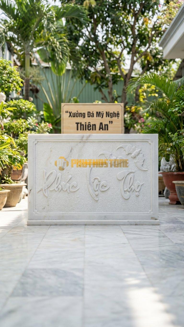 Cuốn Thư Đá Trắng Muối Phúc Lộc Thọ L167: Chạm 3 Chữ Phúc Lộc Thọ Và Đàn Dơi. (L167 x H117 Cm).