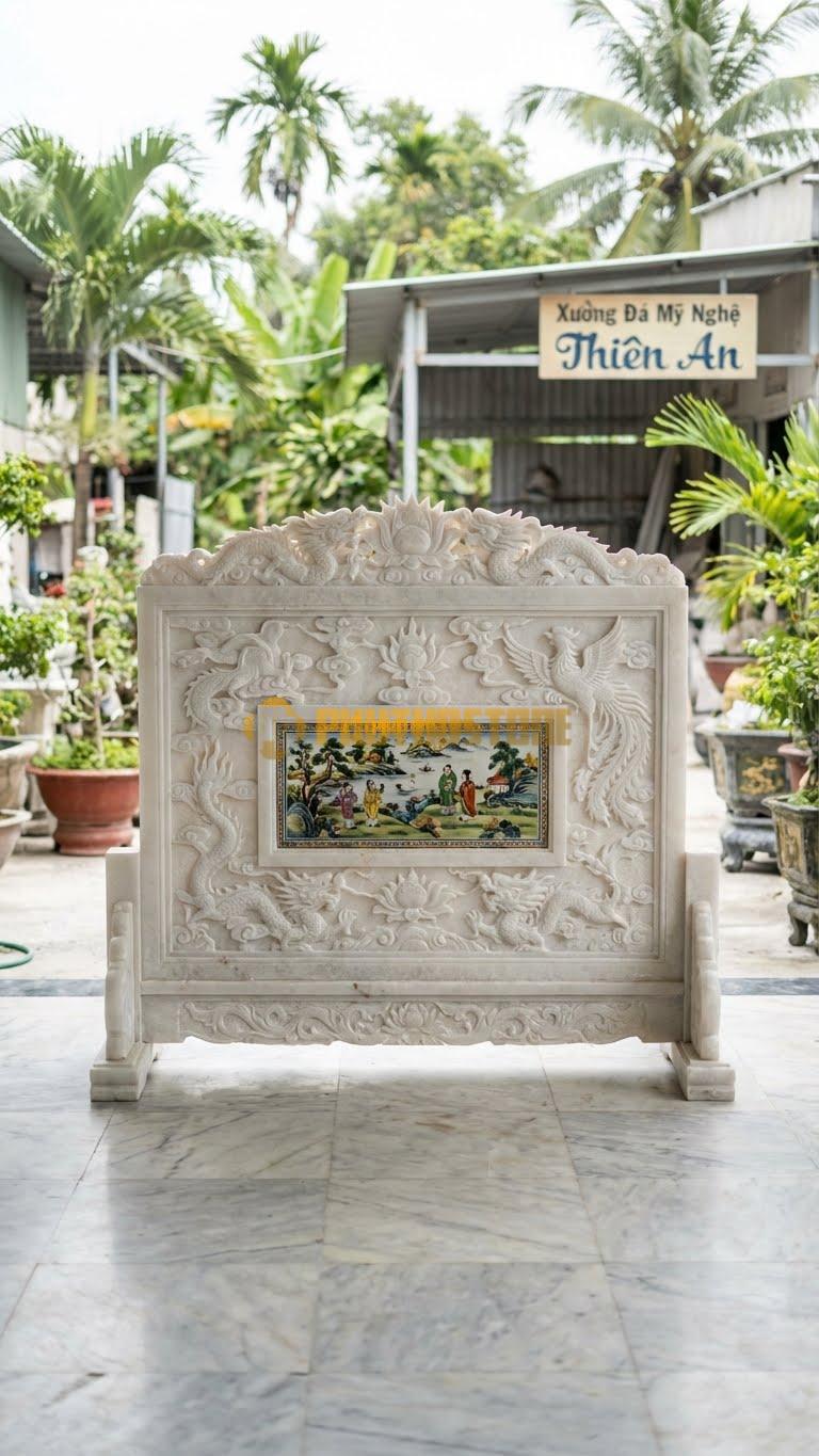 Cuốn Thư Đá Trắng Muối Tam Quan Ốp Tranh Gốm L255: Giữa Đá Có Lồng Tranh Gốm Sứ Màu. (L255 x H176 Cm).