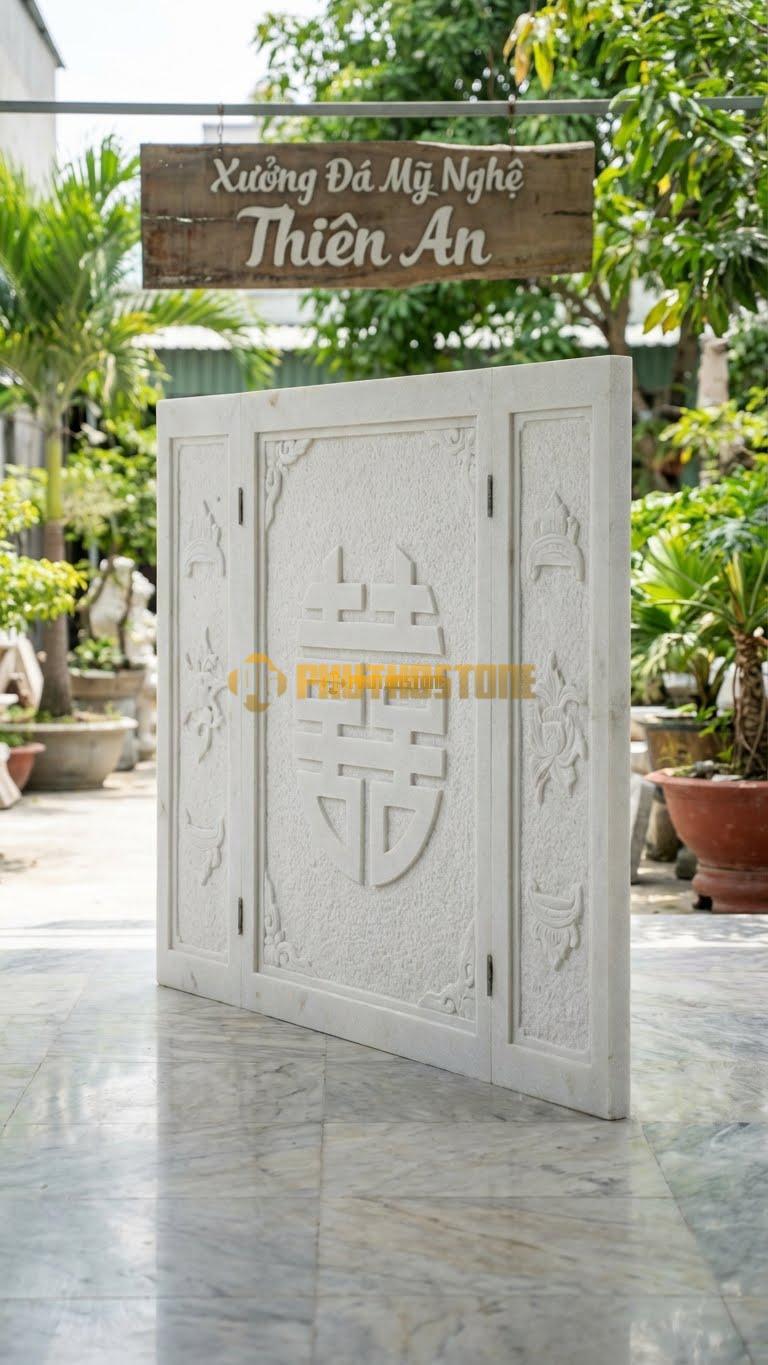 Cuốn Thư Đá Trắng Muối Tam Quan Song Hỷ L217: Chạm Chữ Song Hỷ Lớn. (L217 x H167 Cm).