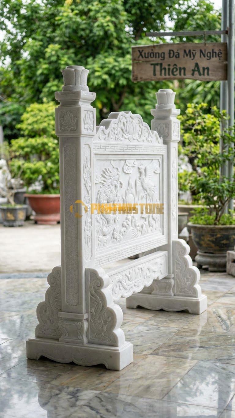 Cuốn Thư Đá Trắng Muối Tam Quan Tứ Trụ L275: Có 4 Cột (2 Cột Chính, 2 Cột Phụ) Tạo Thế Vững Chãi. (L275 x H176 Cm).