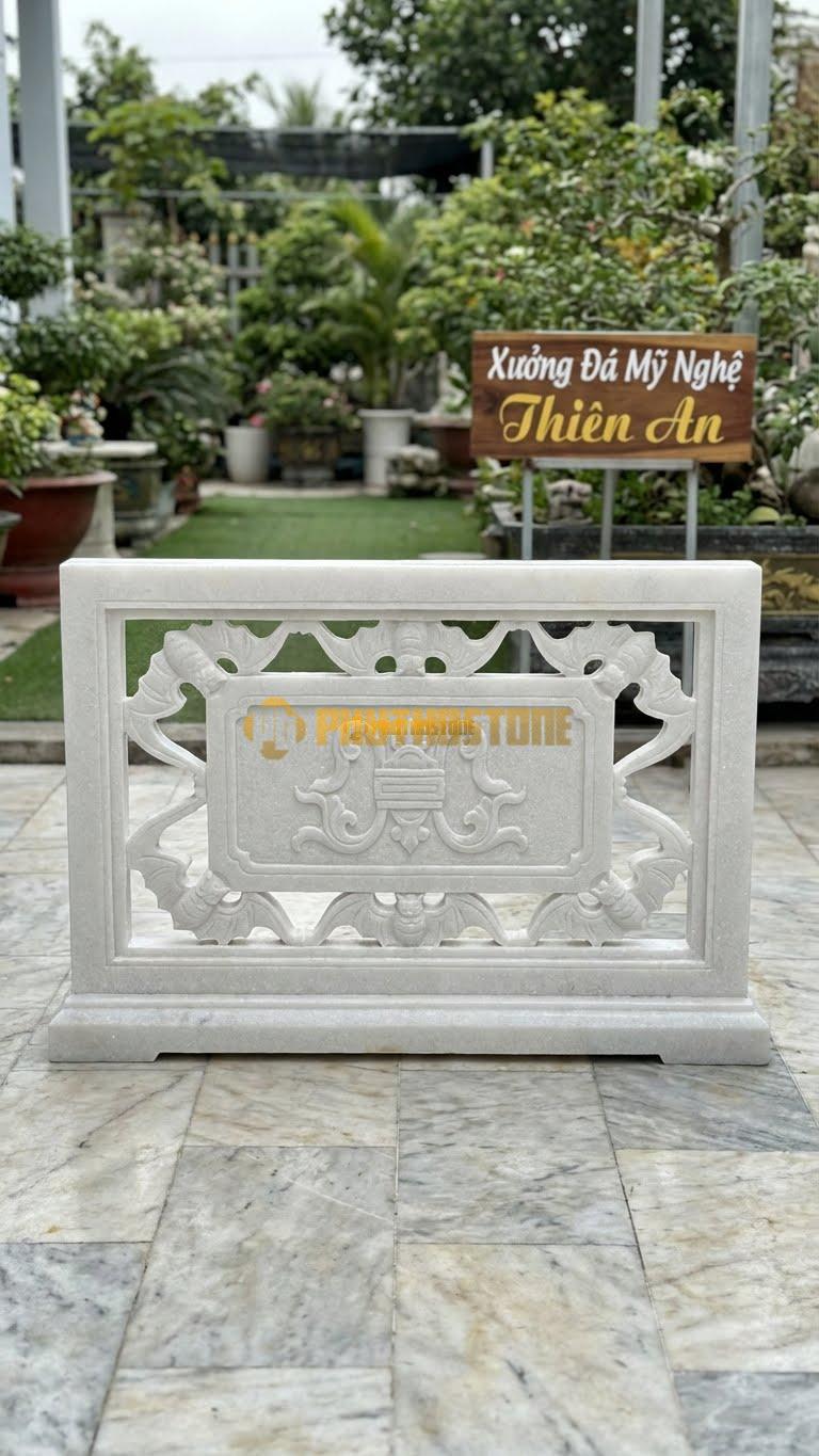 Cuốn Thư Đá Trắng Muối Thông Phong Ngũ Phúc L147: 5 Con Dơi Đục Rỗng Viền. (L147 x H89 Cm).