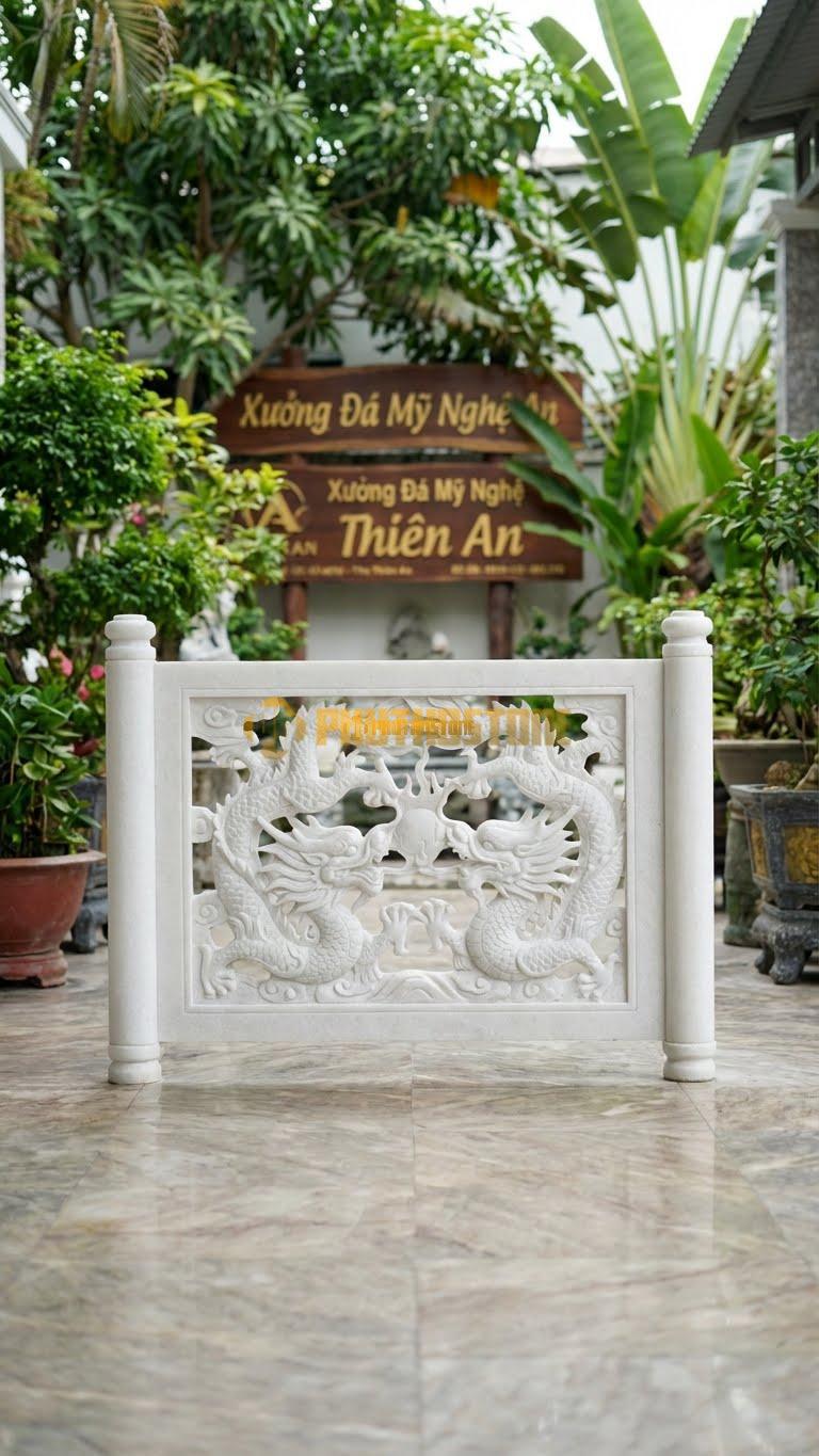 Cuốn Thư Đá Trắng Muối Thông Phong Song Long L176: Hai Rồng Vờn Nhau, Khoảng Không Gian Giữa Đục Rỗng. (L176 x H127 Cm).