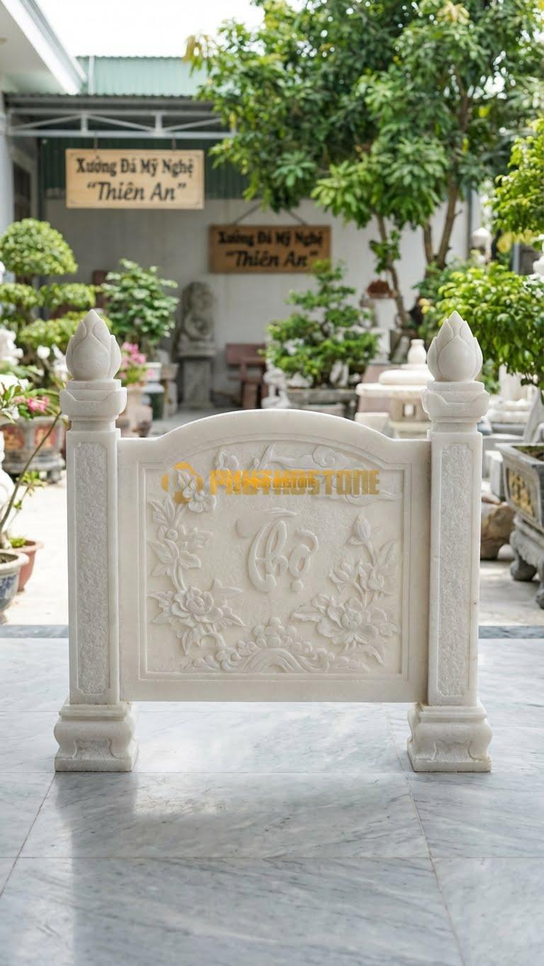 Cuốn Thư Đá Trắng Muối Trụ Đấu Lửa L155: Đỉnh Cột Chạm Hình Nụ Lửa (Dành Cho Đình Chùa). (L155 x H133 Cm).
