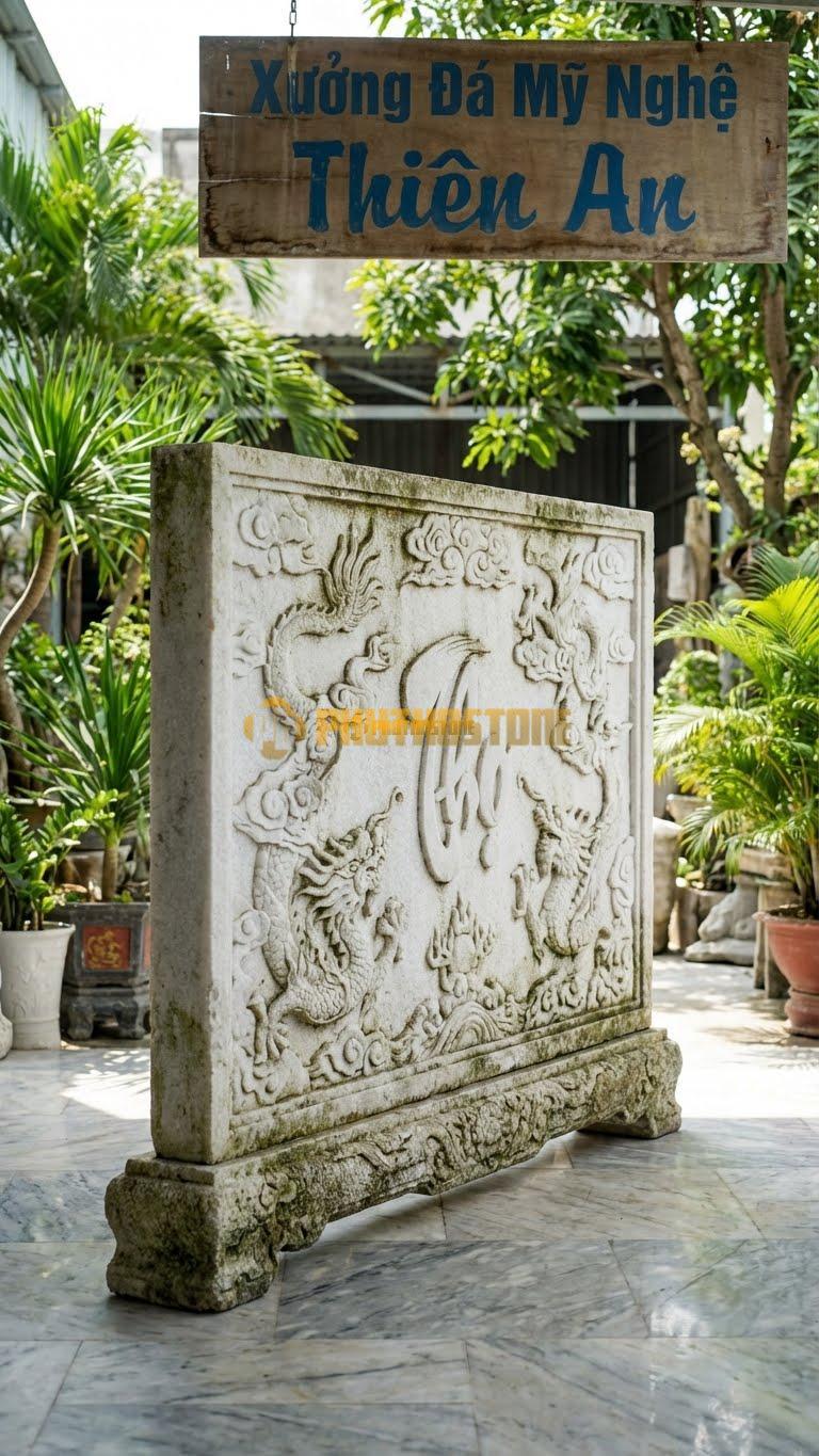Cuốn Thư Đá Trắng Muối Xanh Rêu Mẫu Cổ L197: Giả Cổ, Tạo Nét Sần Sùi Phong Rêu. (L197 x H167 Cm).