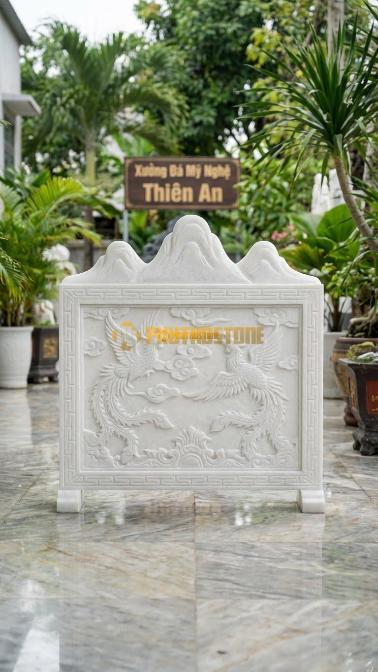 Cuốn Thư Đá Trắng Muối Xanh Rêu Tam Sơn L147: Phần Trán Cuốn Thư Chia 3 Ngọn Núi Rõ Rệt. (L147 x H127 Cm).