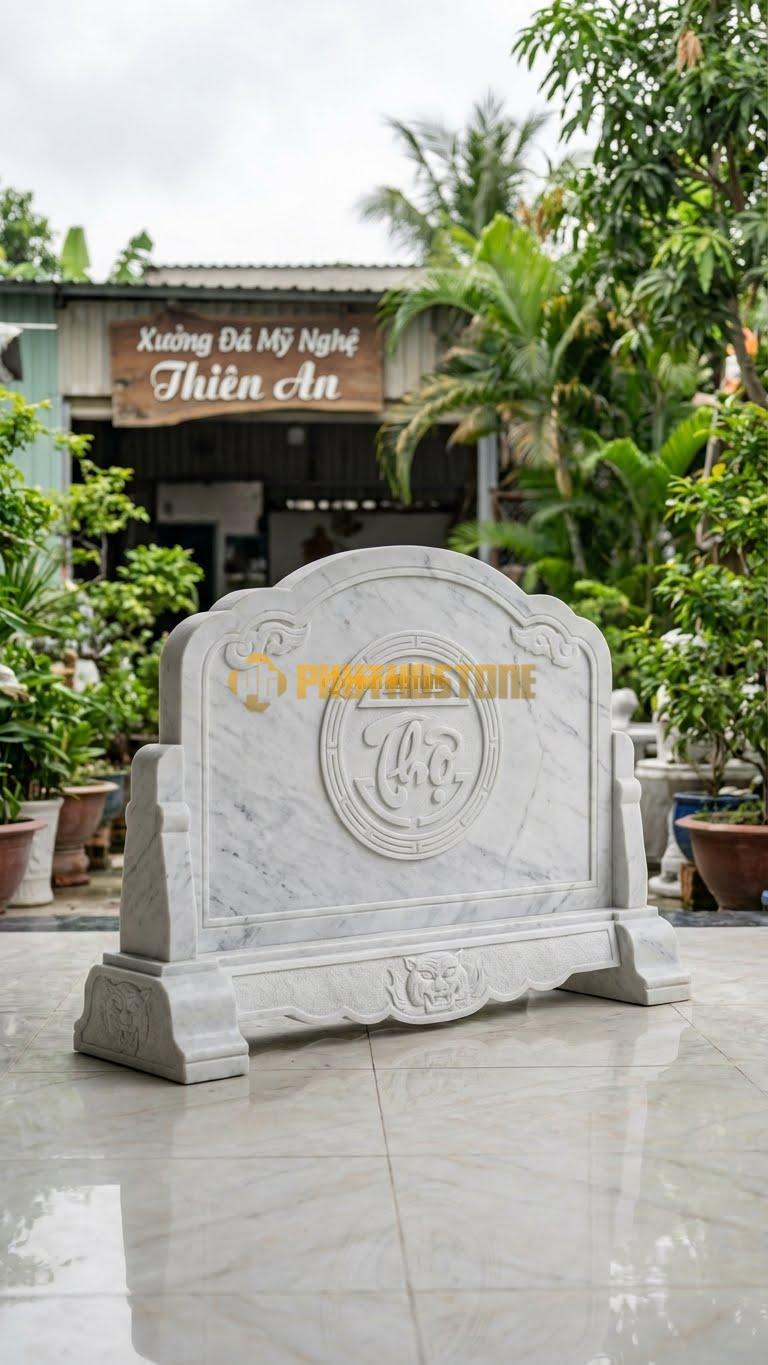 Cuốn Thư Đá Trắng Yên Bái Chữ Thọ Đế Chân Quỳ L147: Đế Chân Quỳ Chạm Hổ Phù. (L147 x H89 Cm).