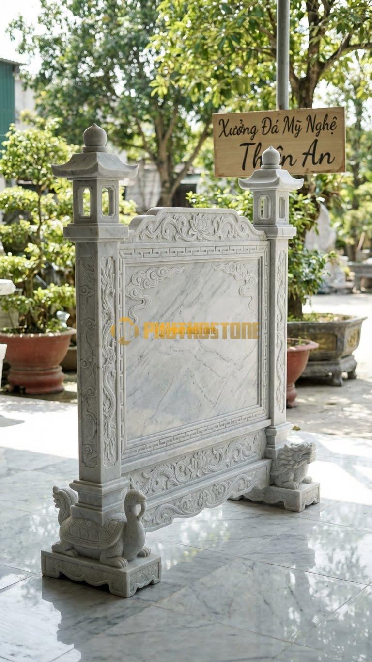 Cuốn Thư Đá Trắng Yên Bái Cột Đèn Chạm Tứ Linh L197: Chân Cột Đèn Chạm Rùa/Hạc, Thân Chạm Rồng. (L197 x H176 Cm).