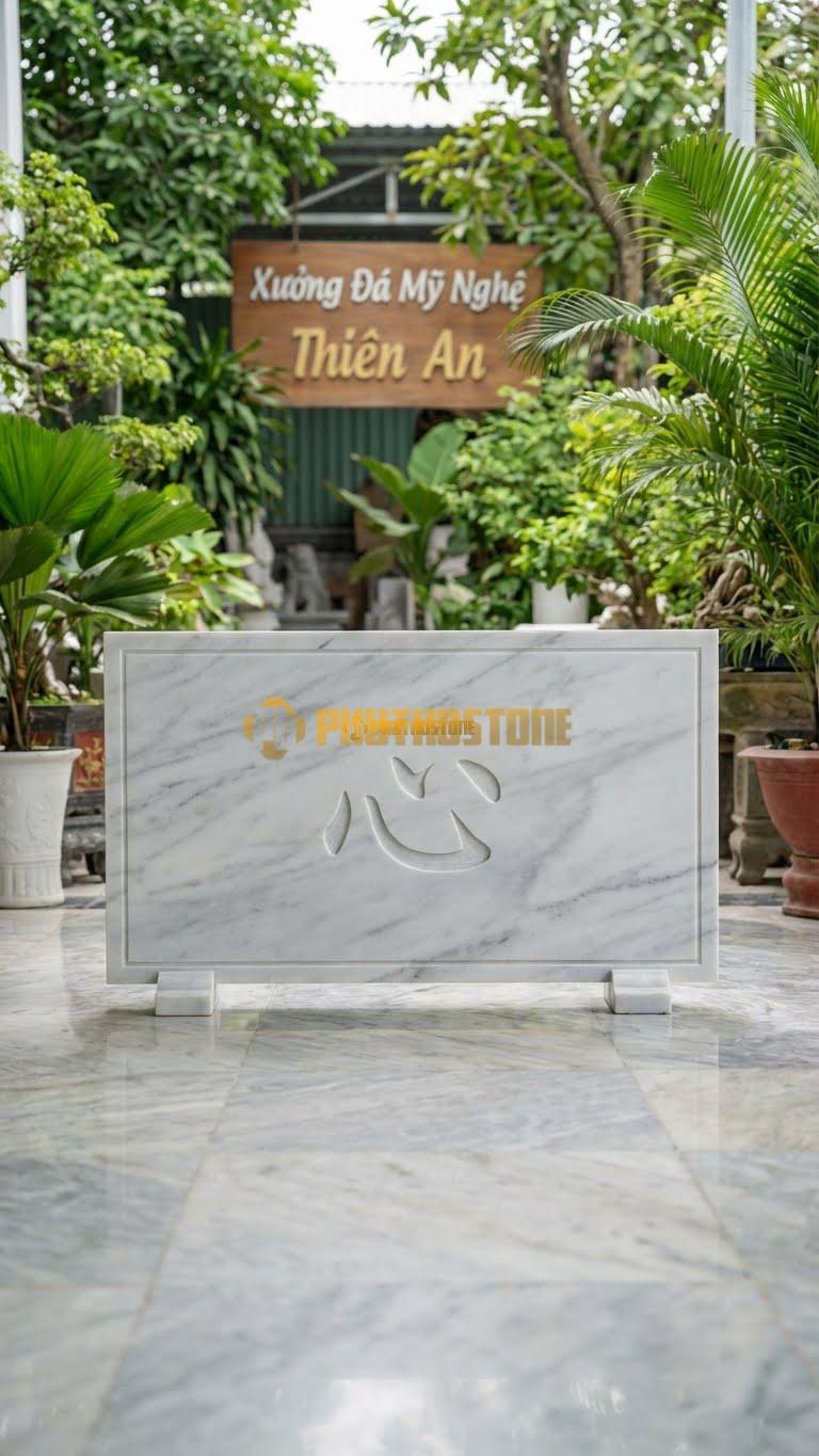 Cuốn Thư Đá Trắng Yên Bái Liền Khối Chữ Tâm L127: Chạm Duy Nhất Chữ Tâm, Đơn Giản. (L127 x H69 Cm).