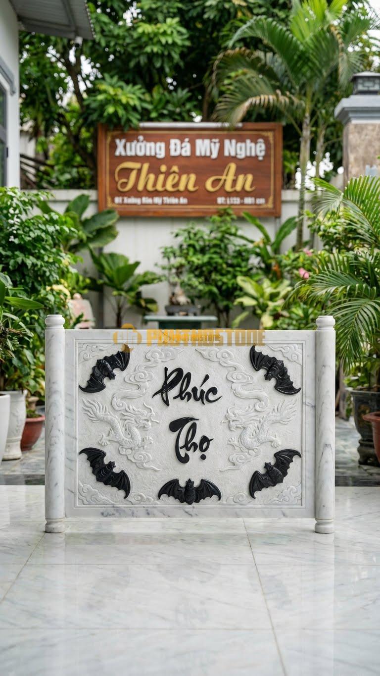Cuốn Thư Đá Trắng Yên Bái Ngũ Phúc Đá Đen L133: Đá Đen Tuyền, Chạm Dơi Nổi Bật. (L133 x H81 Cm).