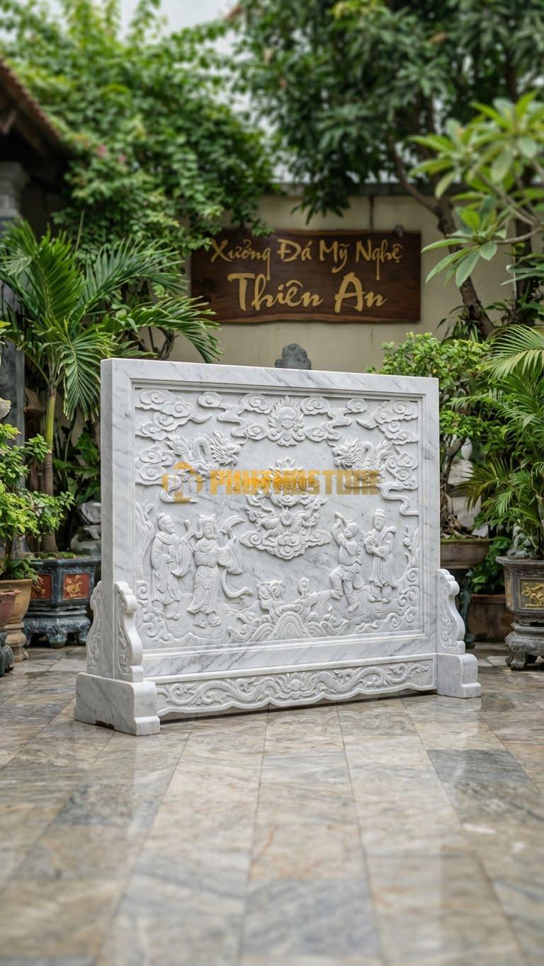 Cuốn Thư Đá Trắng Yên Bái Tam Quan Chạm Điển Tích L217: Chạm Tranh Dân Gian/Cổ Tích Khổ Lớn. (L217 x H167 Cm).