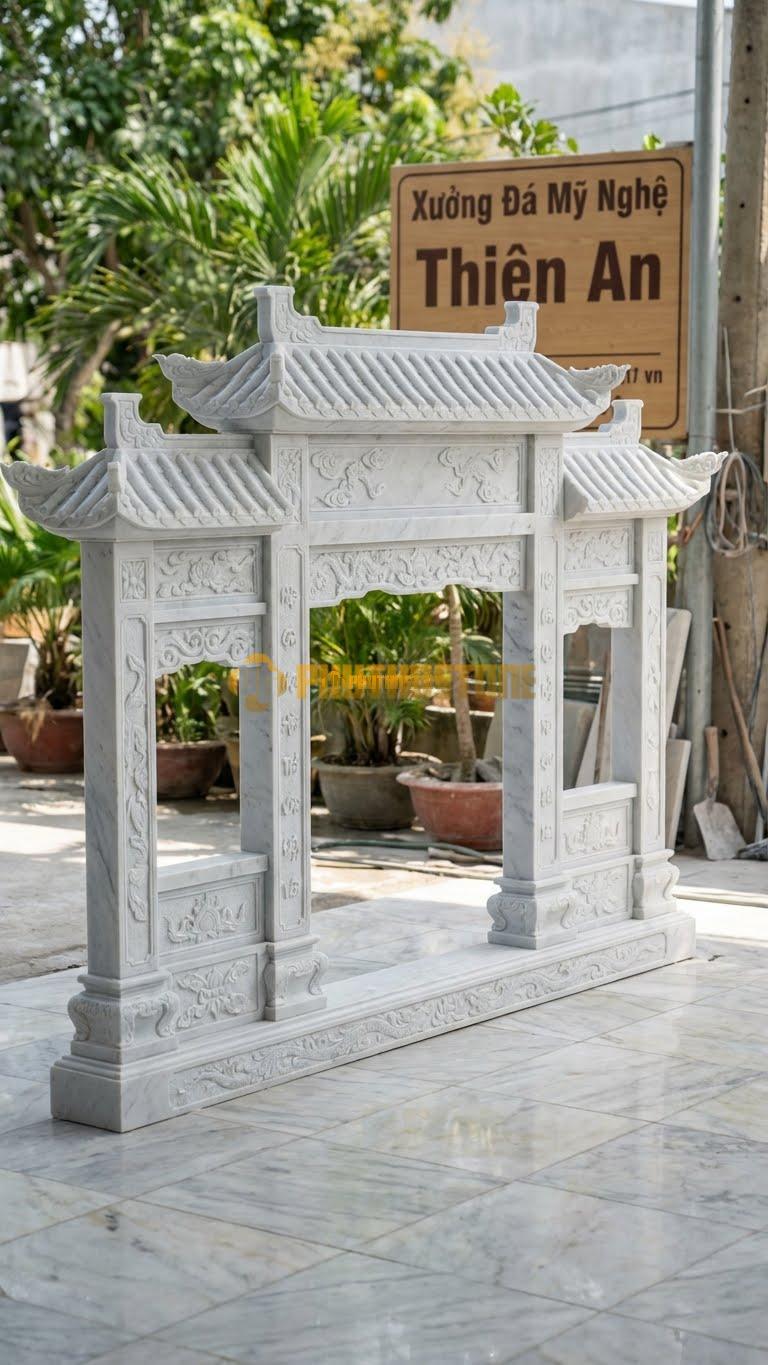 Cuốn Thư Đá Trắng Yên Bái Tam Quan Mái Che L320: Có Phần Mái Ngói Che Trên Đỉnh Cuốn Thư. (L320 x H217 Cm).