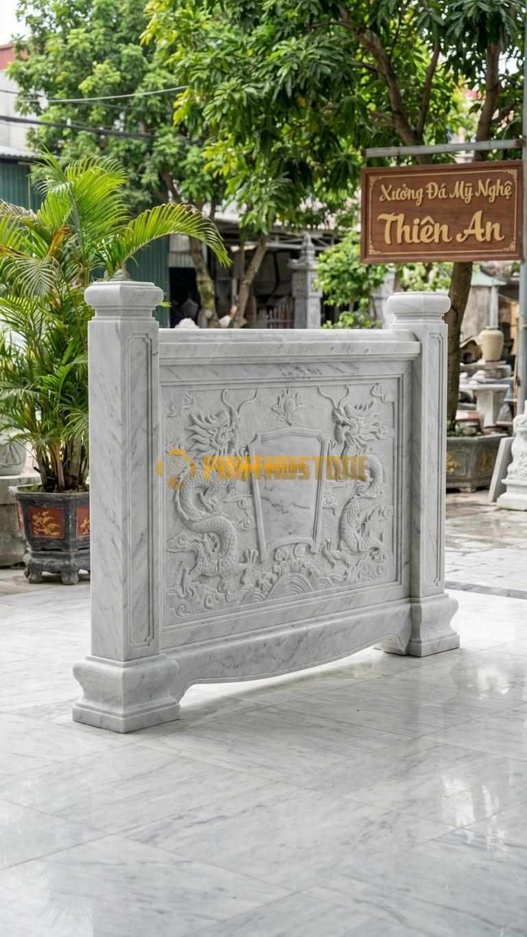 Cuốn Thư Đá Trắng Yên Bái Tam Quan Rồng Chầu L255: Cột Trụ 30Cm, Thân Chạm Lưỡng Long. (L255 x H197 Cm).
