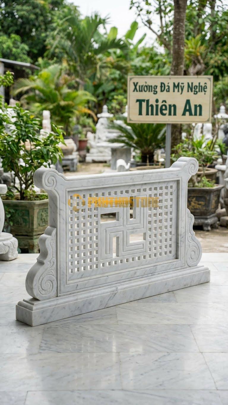 Cuốn Thư Đá Trắng Yên Bái Thông Phong Chữ Vạn L127: Họa Tiết Lưới Chữ Vạn Đục Thủng. (L127 x H69 Cm).