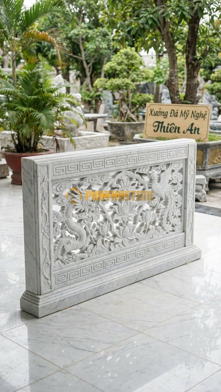 Cuốn Thư Đá Trắng Yên Bái Thông Phong Cổ Điển L155: Họa Tiết Kỷ Hà, Hoa Văn Cổ Đục Rỗng. (L155 x H107 Cm).