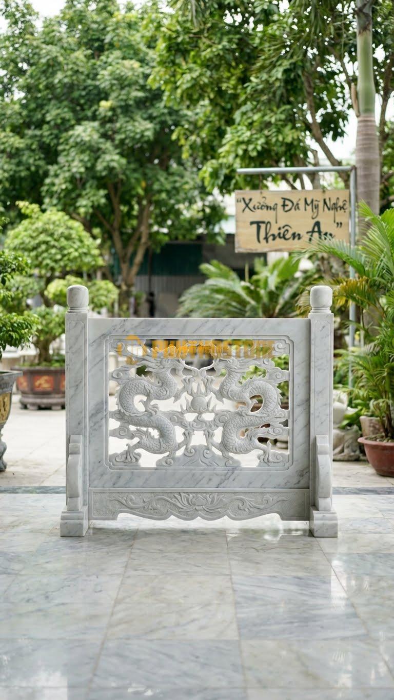 Cuốn Thư Đá Trắng Yên Bái Thông Phong Song Long L176: Hai Rồng Vờn Nhau, Khoảng Không Gian Giữa Đục Rỗng. (L176 x H127 Cm).