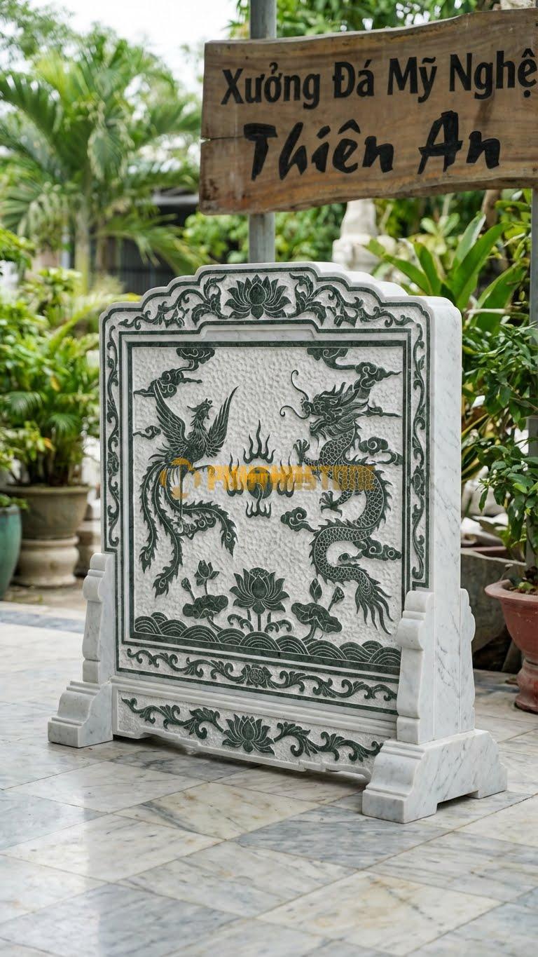 Cuốn Thư Đá Trắng Yên Bái Xanh Rêu Băm Trừ Nền L176: Nền Băm Nhám Trắng, Hoa Văn Mài Xanh. (L176 x H155 Cm).