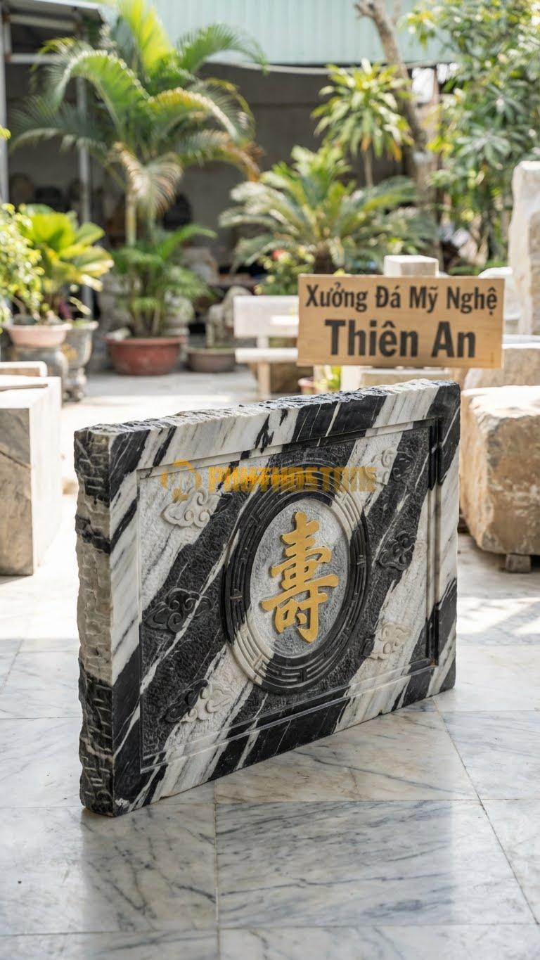Cuốn Thư Đá Tuyết Sơn Chữ Thọ Mạ Vàng L133: Chữ Thọ Khắc Chìm Và Sơn Nhũ Vàng. (L133 x H89 Cm).
