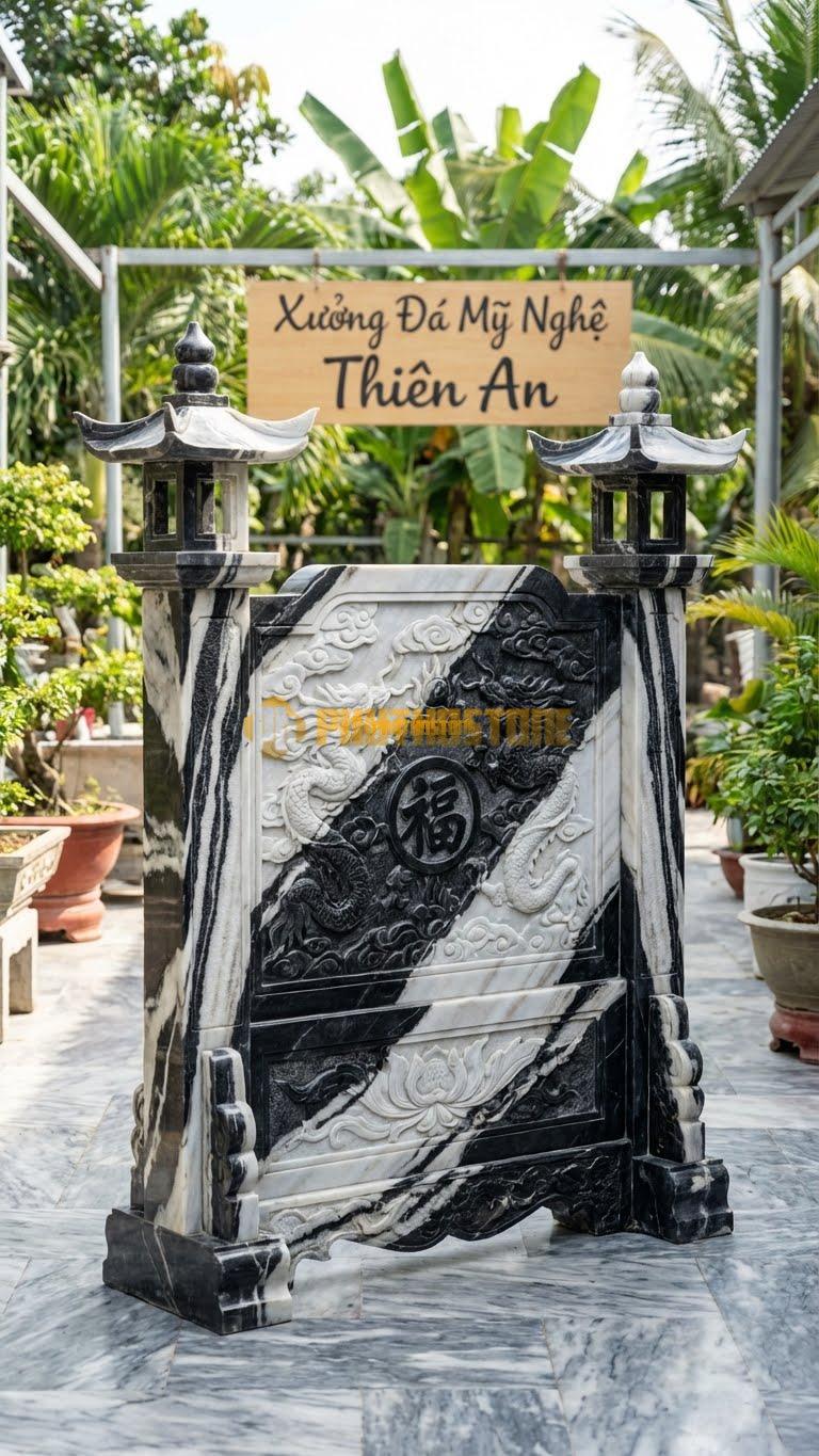 Cuốn Thư Đá Tuyết Sơn Cột Đèn 2 Tầng Mái L217: Đèn Trên Cột Có 2 Tầng Mái Đao Bề Thế. (L217 x H180 Cm).