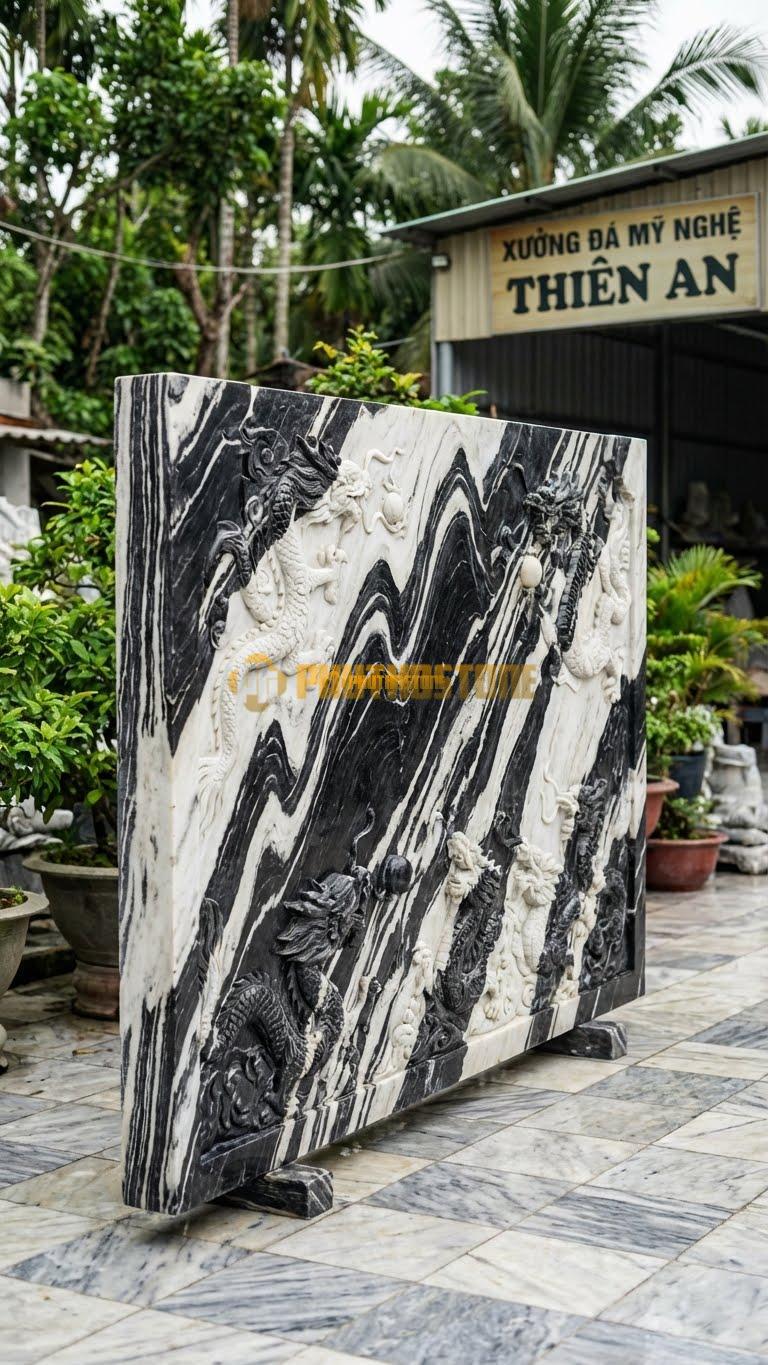 Cuốn Thư Đá Tuyết Sơn Cửu Long (9 Rồng) L235: Mẫu Đại, Chạm 9 Con Rồng Vờn Ngọc. (L235 x H176 Cm).