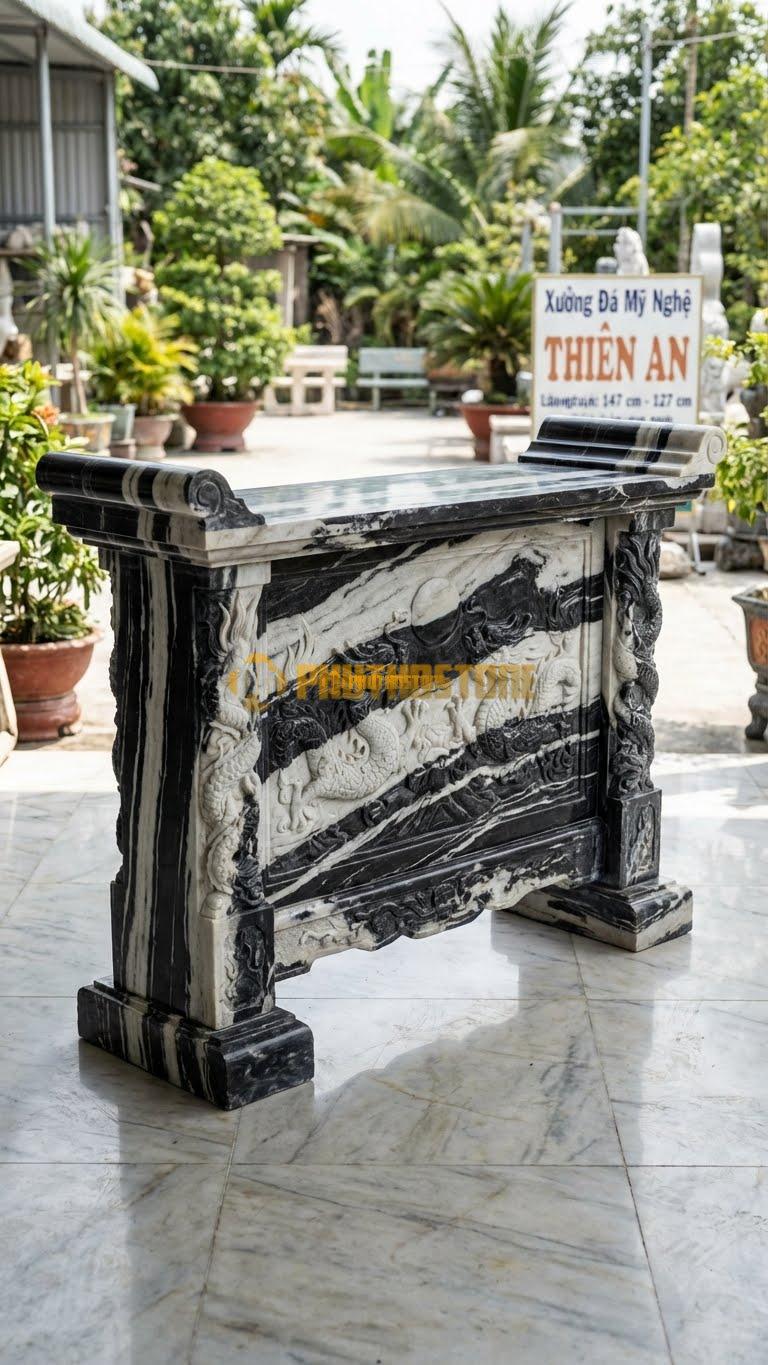 Cuốn Thư Đá Tuyết Sơn Lưỡng Long Chầu Nguyệt L147: Thân Chạm 2 Rồng Chầu Mặt Trăng, Cột Chạm Rồng Quấn. (L147 x H127 Cm).