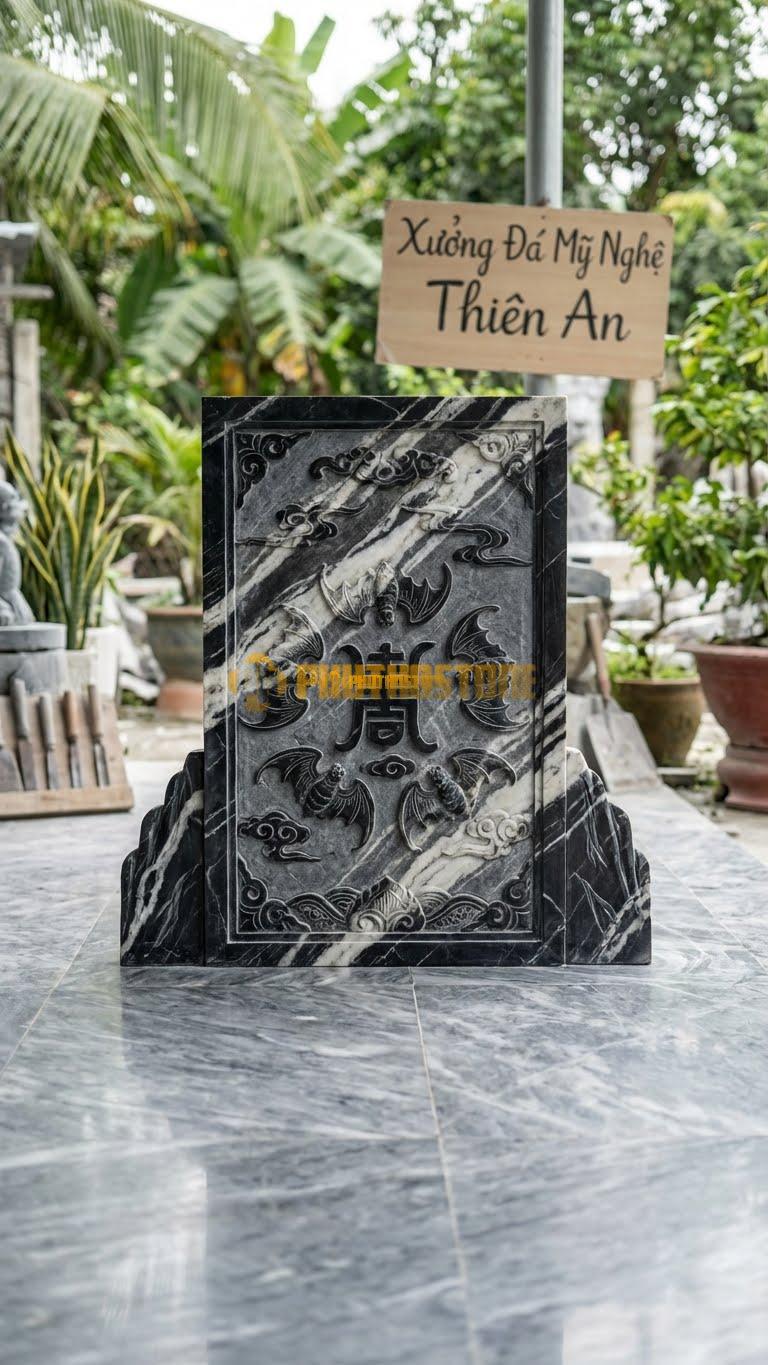 Cuốn Thư Đá Tuyết Sơn Ngũ Phúc Đá Đen L133: Đá Đen Tuyền, Chạm Dơi Nổi Bật. (L133 x H81 Cm).