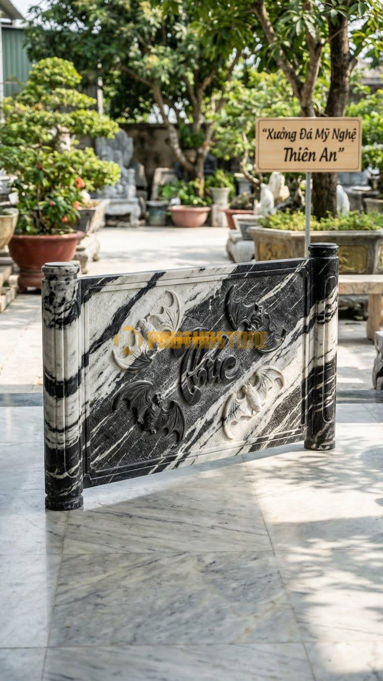 Cuốn Thư Đá Tuyết Sơn Ngũ Phúc Lâm Môn L147: 5 Con Dơi Chầu Vào Chữ Phúc Ở Giữa. (L147 x H89 Cm).