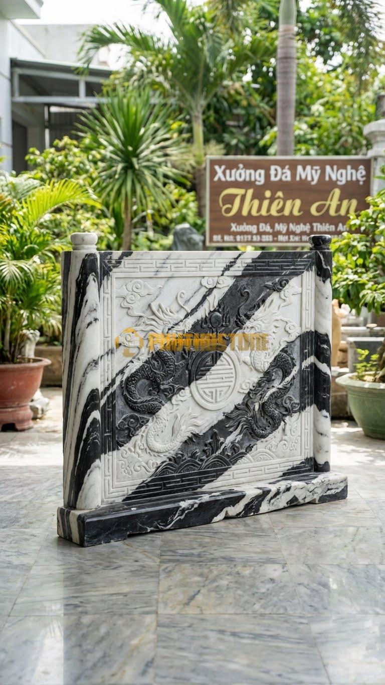 Cuốn Thư Đá Tuyết Sơn Rồng Chầu Mặt Nhẫn L133: Họa Tiết Rồng Chầu Vào Vòng Tròn Tâm (Mặt Nhẫn). (L133 x H117 Cm).