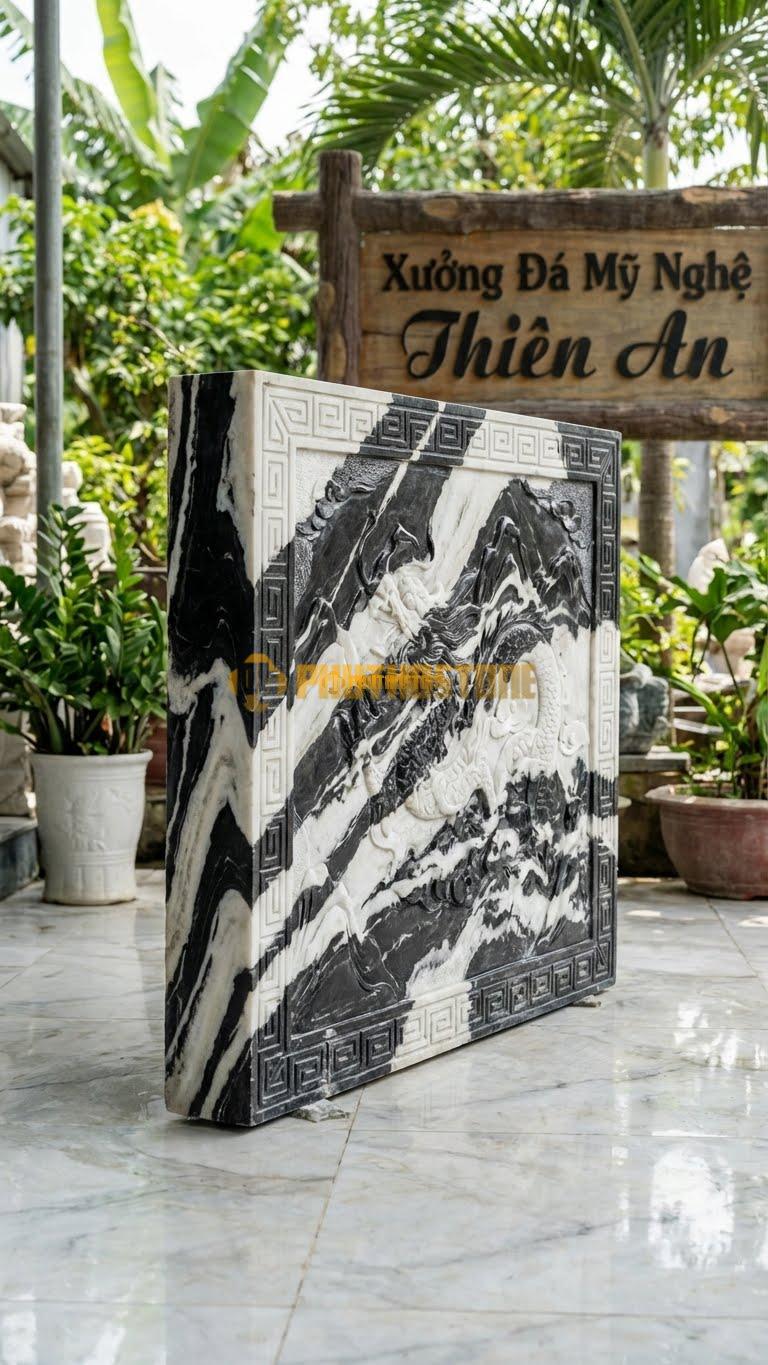 Cuốn Thư Đá Tuyết Sơn Rồng Viền Triện L147: Thân Rồng, Viền Chạy Hoa Văn Triện T Vuông Vức. (L147 x H127 Cm).