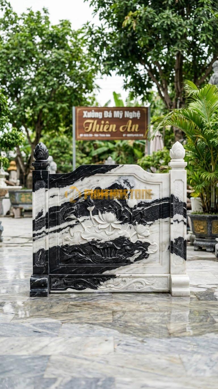 Cuốn Thư Đá Tuyết Sơn Sen Hóa (Liên Hoa) L147: Đầm Sen Nở Rộ, Cột Chạm Búp Sen Đầu Trụ. (L147 x H127 Cm).