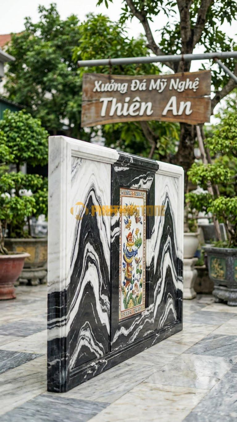 Cuốn Thư Đá Tuyết Sơn Tam Quan Ốp Tranh Gốm L255: Giữa Đá Có Lồng Tranh Gốm Sứ Màu. (L255 x H176 Cm).