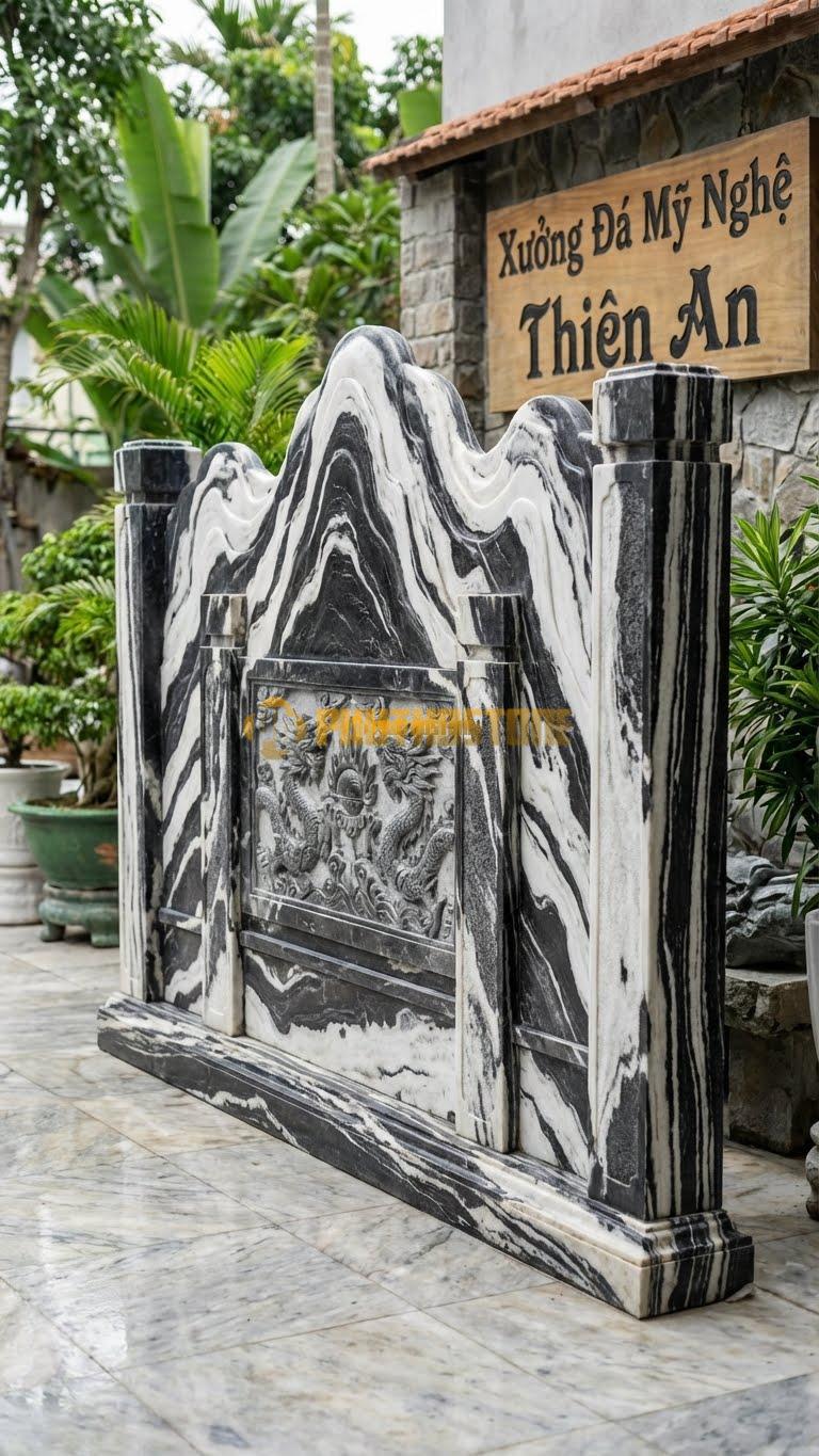Cuốn Thư Đá Tuyết Sơn Tam Quan Rồng Chầu L255: Cột Trụ 30Cm, Thân Chạm Lưỡng Long. (L255 x H197 Cm).