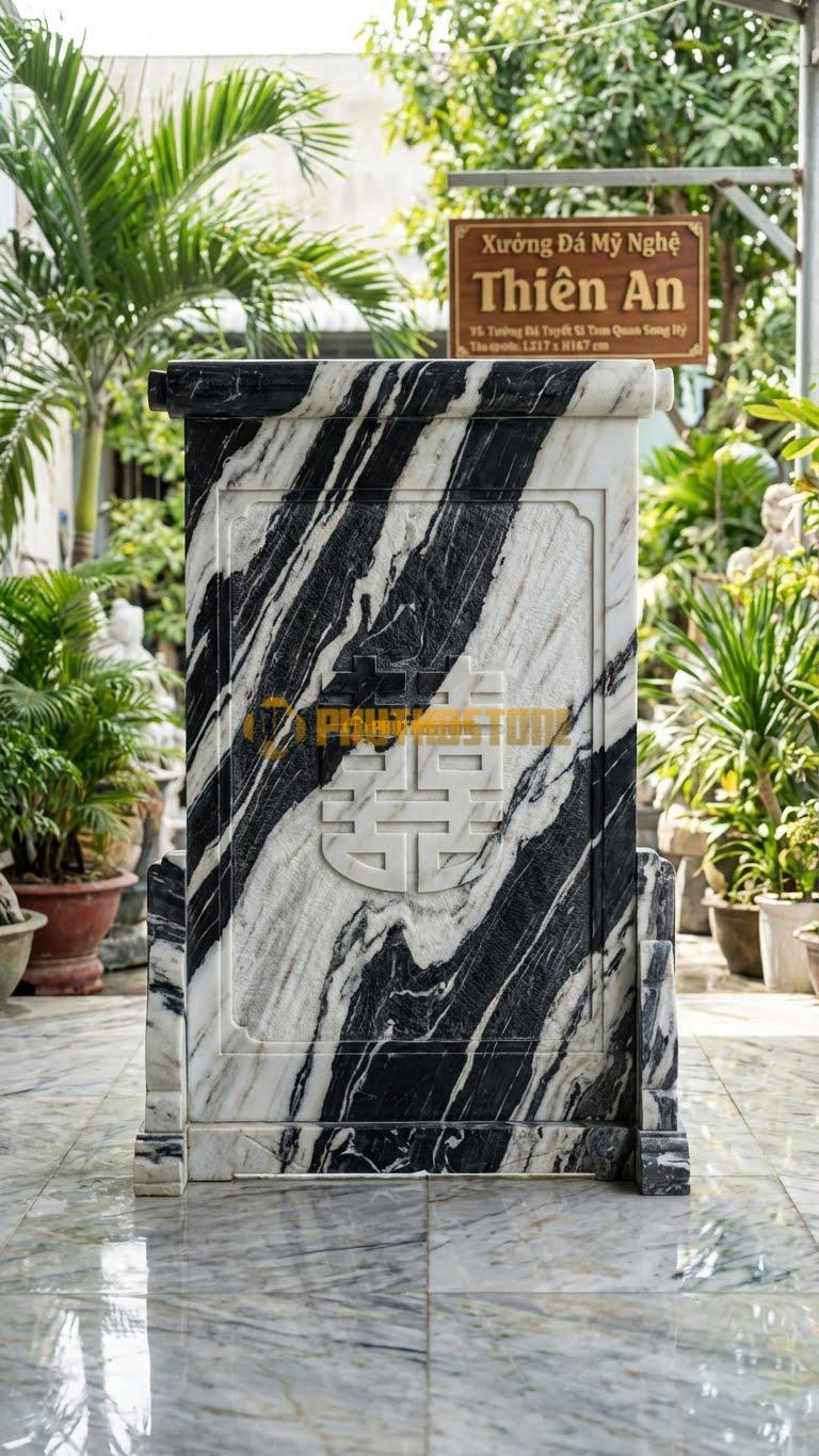 Cuốn Thư Đá Tuyết Sơn Tam Quan Song Hỷ L217: Chạm Chữ Song Hỷ Lớn. (L217 x H167 Cm).