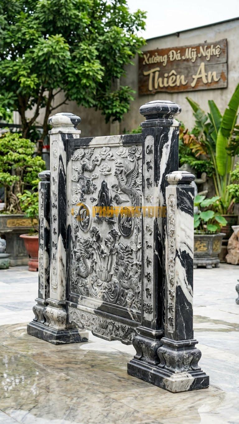 Cuốn Thư Đá Tuyết Sơn Tam Quan Tứ Trụ L275: Có 4 Cột (2 Cột Chính, 2 Cột Phụ) Tạo Thế Vững Chãi. (L275 x H176 Cm).