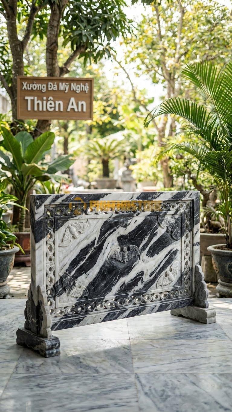 Cuốn Thư Đá Tuyết Sơn Thông Phong Ngũ Phúc L147: 5 Con Dơi Đục Rỗng Viền. (L147 x H89 Cm).