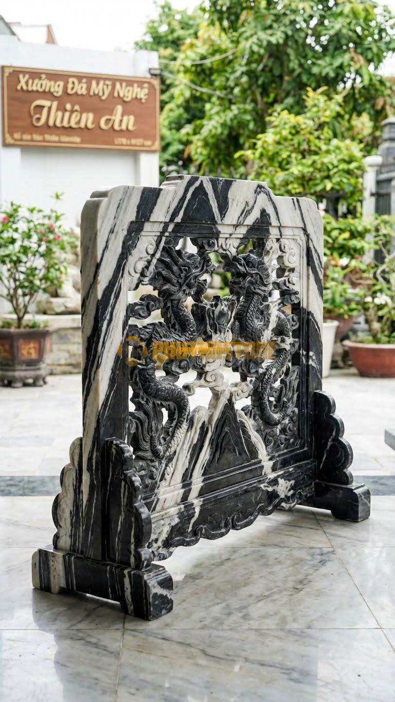 Cuốn Thư Đá Tuyết Sơn Thông Phong Song Long L176: Hai Rồng Vờn Nhau, Khoảng Không Gian Giữa Đục Rỗng. (L176 x H127 Cm).