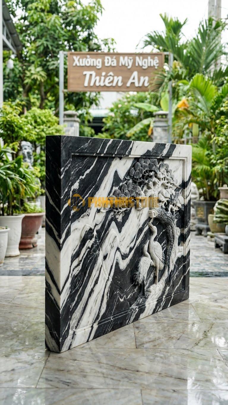 Cuốn Thư Đá Tuyết Sơn Thông Phong Tùng Hạc L155: Tán Cây Tùng Được Đục Lọng Kỹ Thuật Cao. (L155 x H107 Cm).