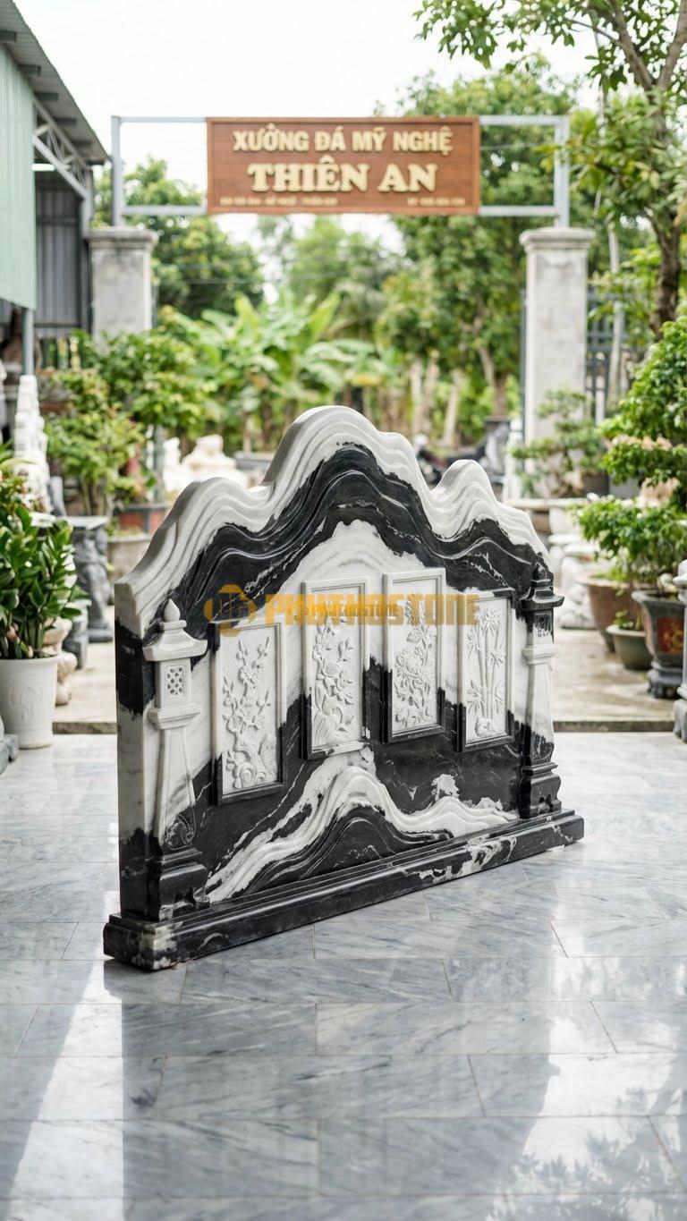 Cuốn Thư Đá Tuyết Sơn Tứ Quý Khung Tranh L197: 4 Cảnh Nằm Trong 4 Khung Đục Nổi, Cột Đèn Lồng. (L197 x H155 Cm).