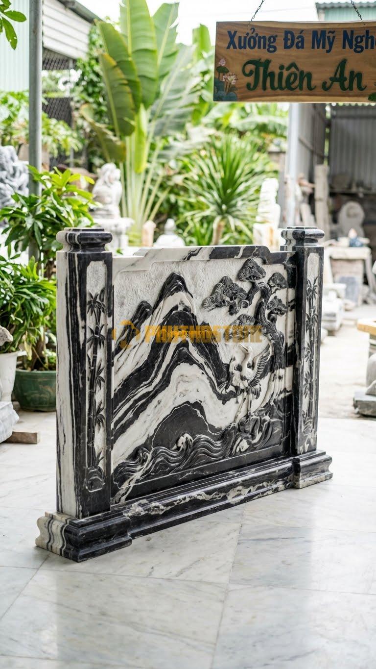 Cuốn Thư Đá Tuyết Sơn Tùng Hạc Diên Niên L167: Chạm Cây Tùng Và Chim Hạc, Cột Chạm Trúc. (L167 x H133 Cm).