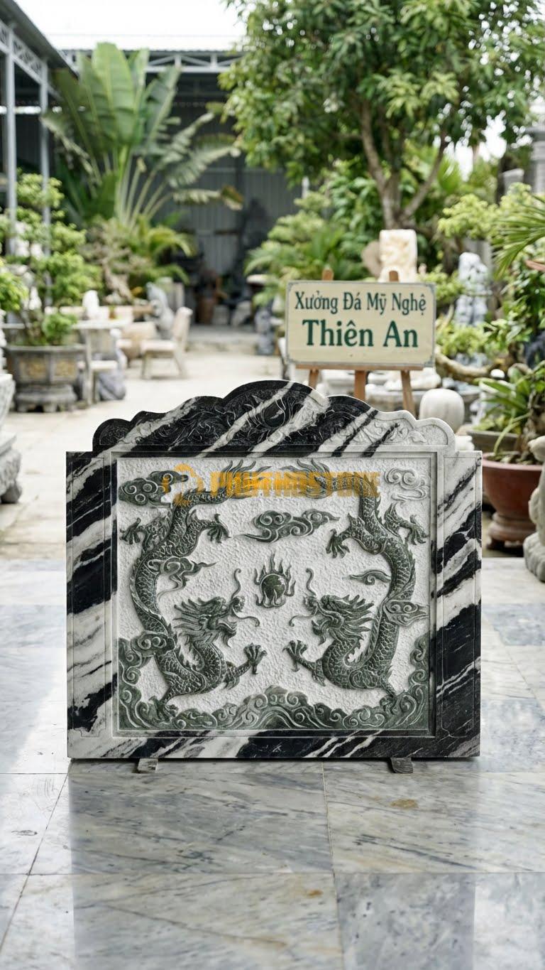 Cuốn Thư Đá Tuyết Sơn Xanh Rêu Băm Trừ Nền L176: Nền Băm Nhám Trắng, Hoa Văn Mài Xanh. (L176 x H155 Cm).