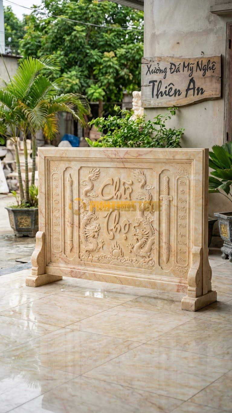 Cuốn Thư Đá Vàng Nghệ An Chữ Thọ Kết Hợp Câu Đối L176: Hai Bên Bút Kiếm Có Khắc Câu Đối Nhỏ. (L176 x H127 Cm).