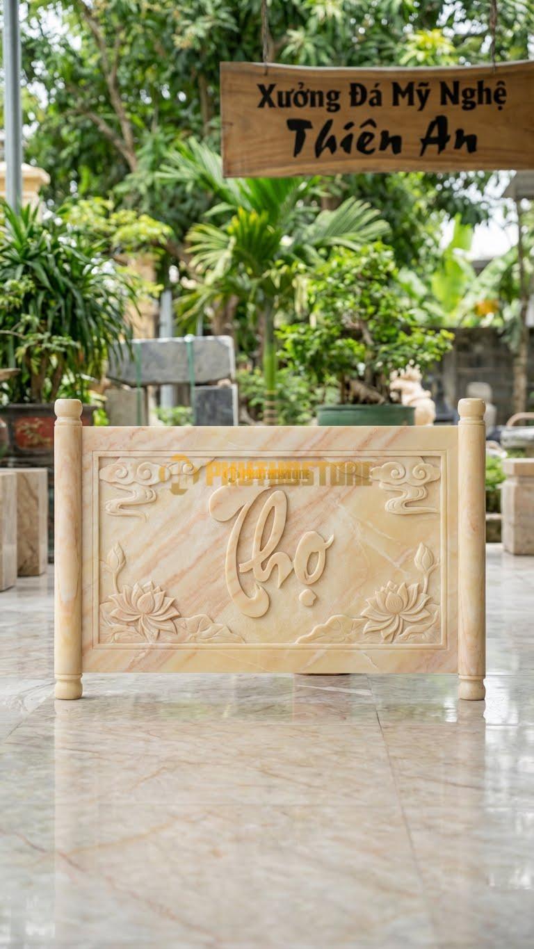 Cuốn Thư Đá Vàng Nghệ An Chữ Thọ Tâm Linh L107: Mẫu Nhỏ, Chữ Thọ Viết Thư Pháp Việt. (L107 x H69 Cm).