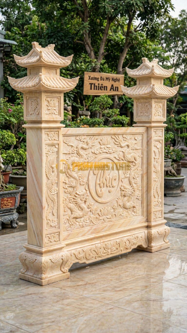 Cuốn Thư Đá Vàng Nghệ An Cột Đèn 2 Tầng Mái L217: Đèn Trên Cột Có 2 Tầng Mái Đao Bề Thế. (L217 x H180 Cm).